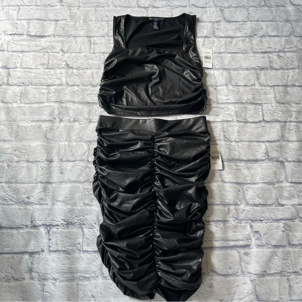 New Faux Ruched Leather Skirt Set